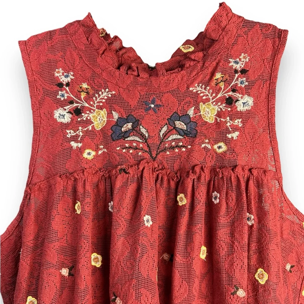 075. Francesca's Sleeveless Embroidered Miami Phoenix Mini Dress L Orange Red - Picture 9 of 10